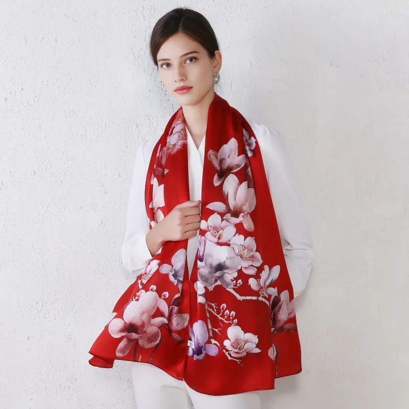 Shanghai Story 100% Mulberry Silk Scarves Women's Lotus Charm, Light Green, Gift Box Set-36