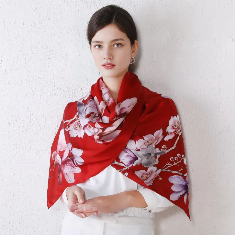 Shanghai Story 100% Mulberry Silk Scarves Women's Lotus Charm, Light Green, Gift Box Set-37