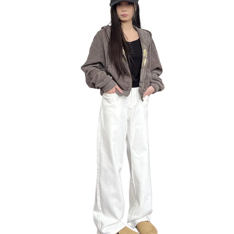 FAIRWHALE Slim Fit Slimming Versatile Casual Bootcut Pants Low Rise Straight Fit Pants Unisex White-2