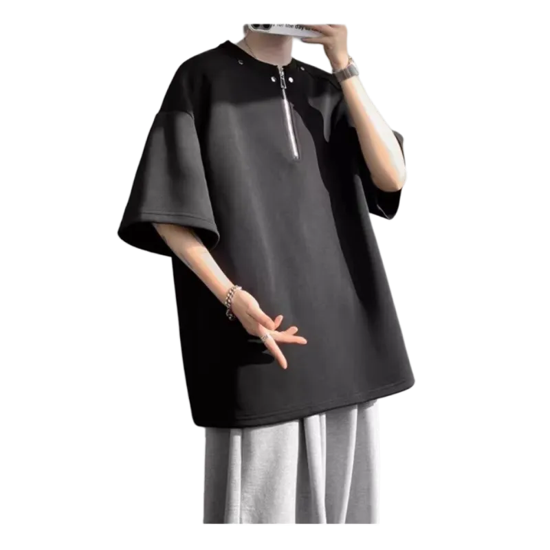 Wooden Rabbit Casual Trendy Brand Half Zip Niche Design Minimalist Style Loose Fit Elbow Length Sleeved Men's-2