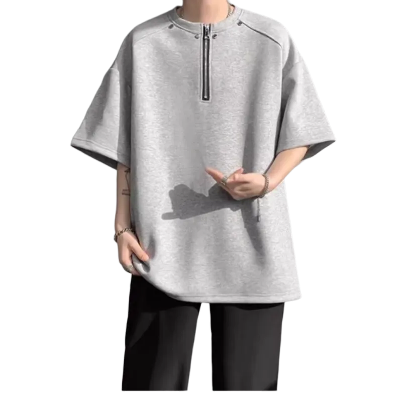 Wooden Rabbit Casual Trendy Brand Half Zip Niche Design Minimalist Style Loose Fit Elbow Length Sleeved Men's-6
