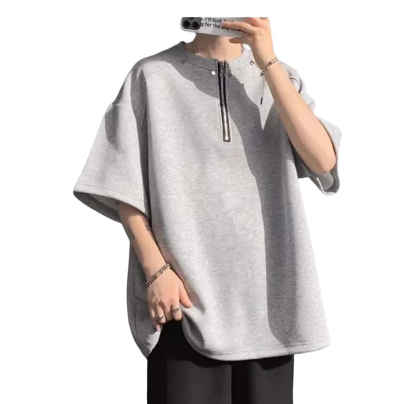 Wooden Rabbit Casual Trendy Brand Half Zip Niche Design Minimalist Style Loose Fit Elbow Length Sleeved Men's-5