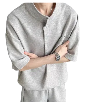 Wooden Rabbit Fashion Buttons Stand Collar Niche Premium Simple And Trendy Loose Fit Elbow Length Sleeved Men's