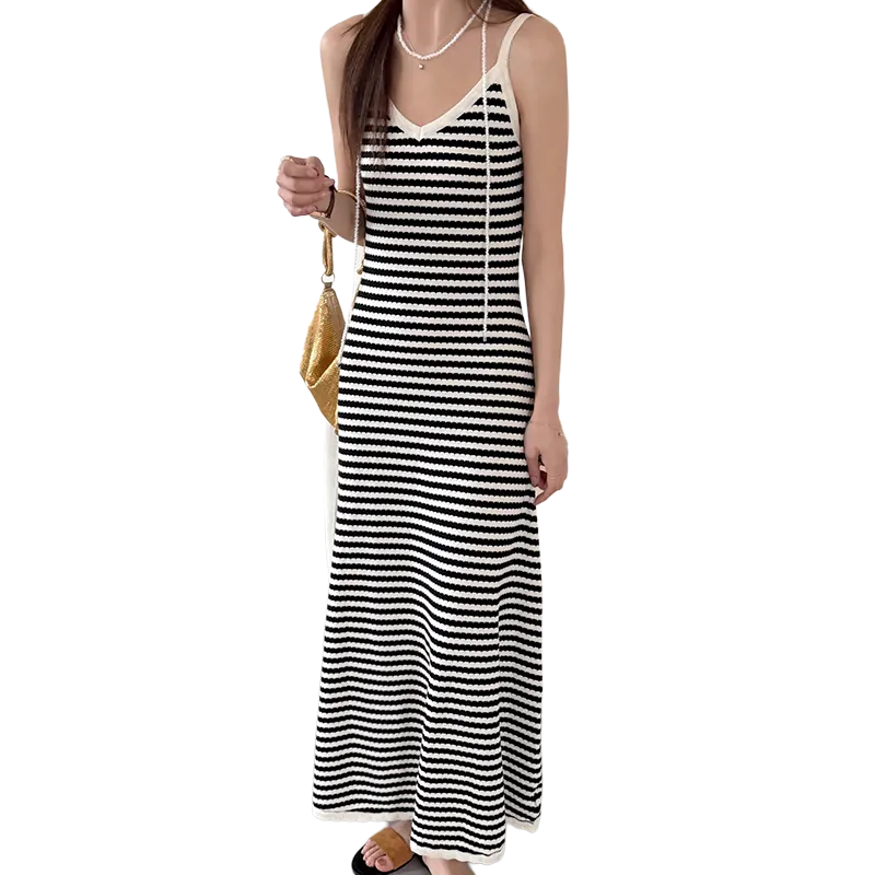 CacheCache Sleeveless Dress Women's Black White Stripes-4