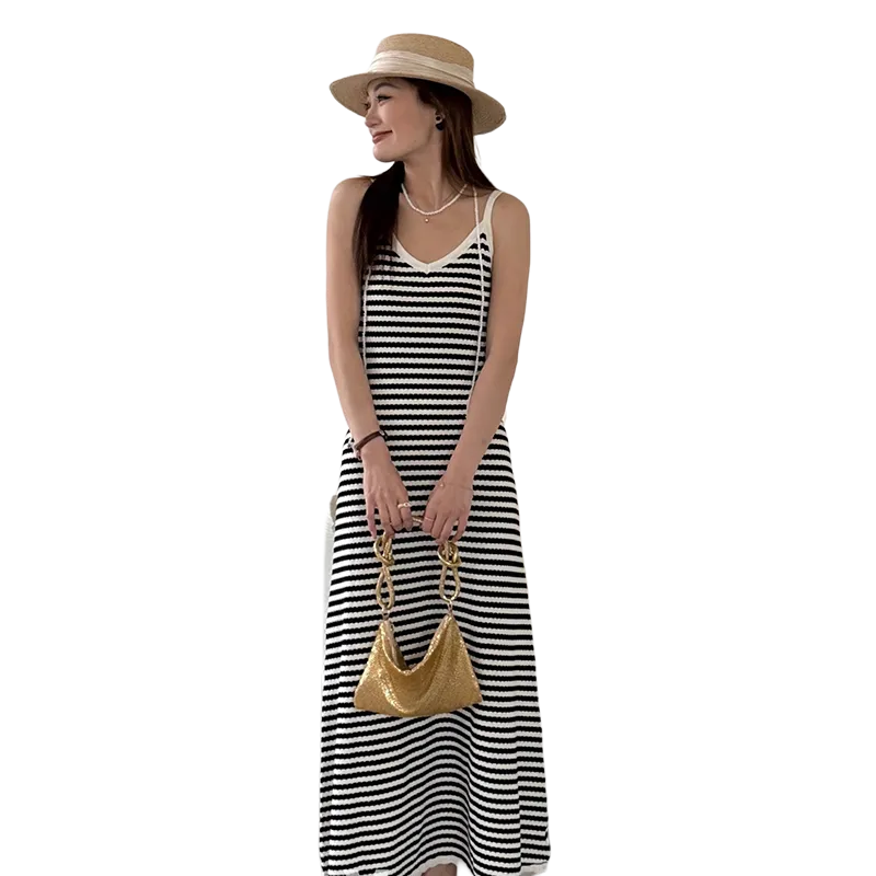 CacheCache Sleeveless Dress Women's Black White Stripes-3