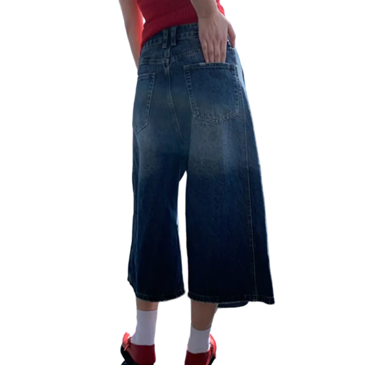 NVRFRGT Denim Shorts Women's Dark Indigo Blue Capri Pants-4