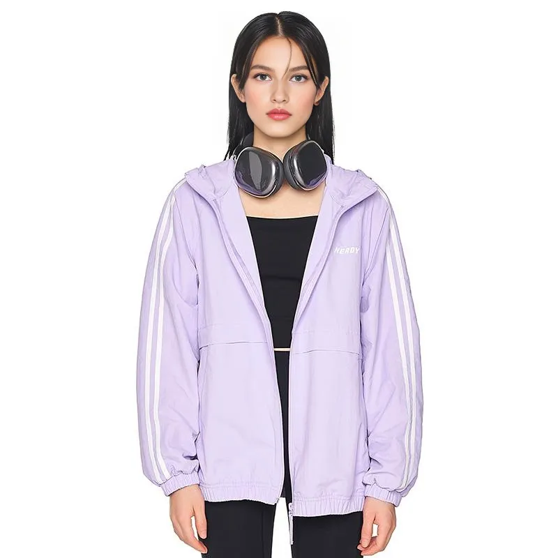 NERDY NY Series Double Stripe Windbreaker Hooded Jacket Light Purple-3