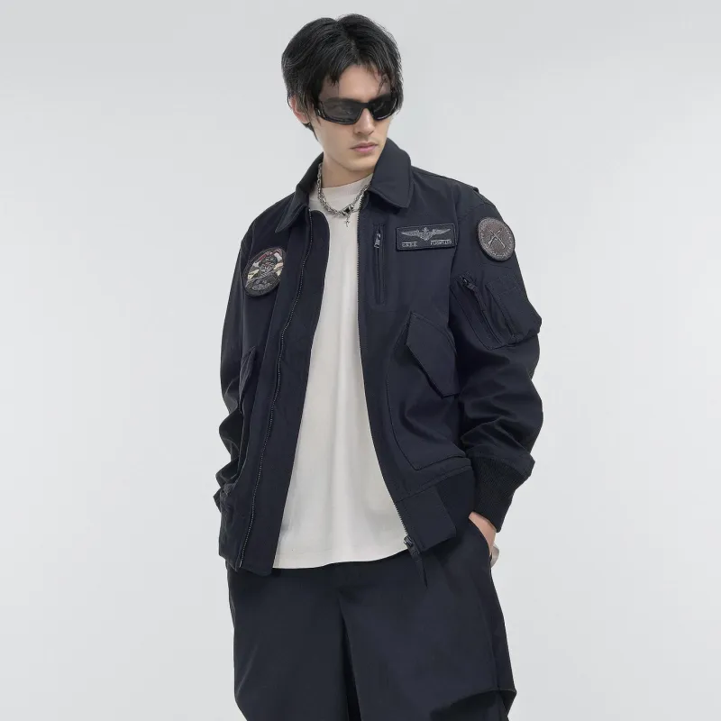 VIP Hook and Loop Embroidered Badge Workwear Lapel Coat Pilot Jacket Unisex Black-3