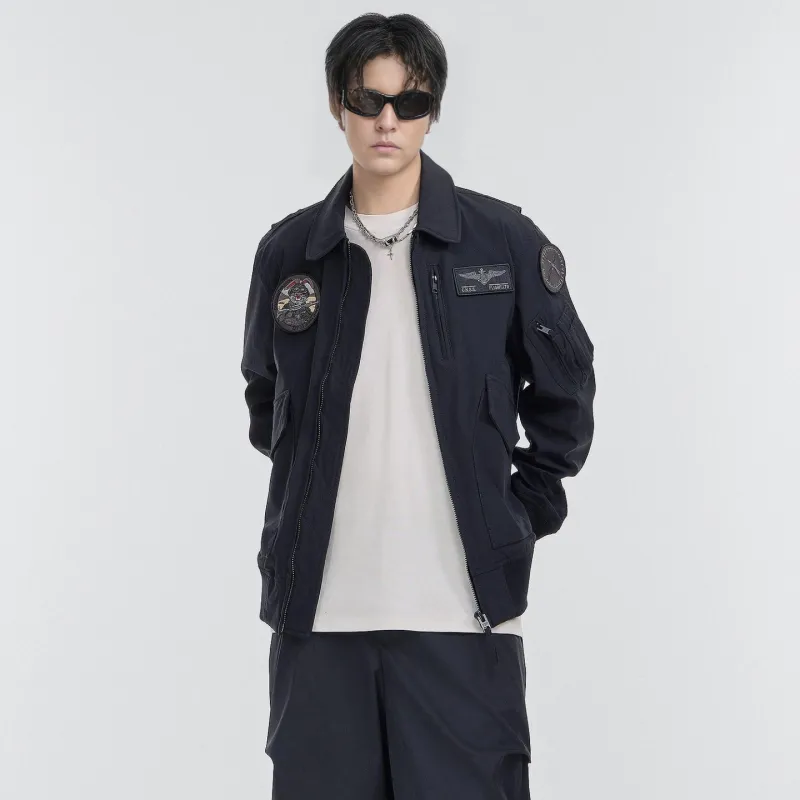 VIP Hook and Loop Embroidered Badge Workwear Lapel Coat Pilot Jacket Unisex Black-4