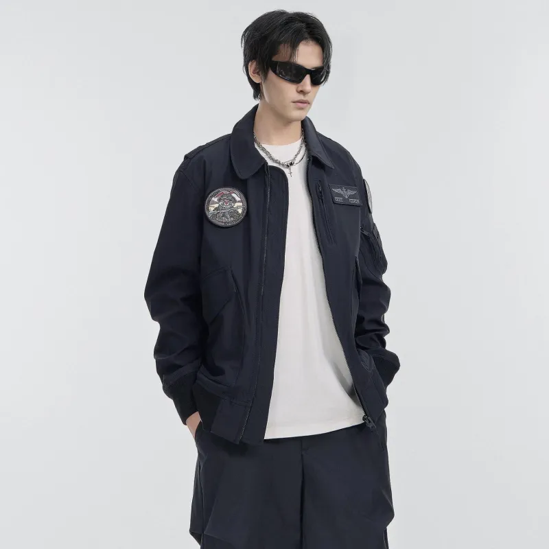 VIP Hook and Loop Embroidered Badge Workwear Lapel Coat Pilot Jacket Unisex Black-5