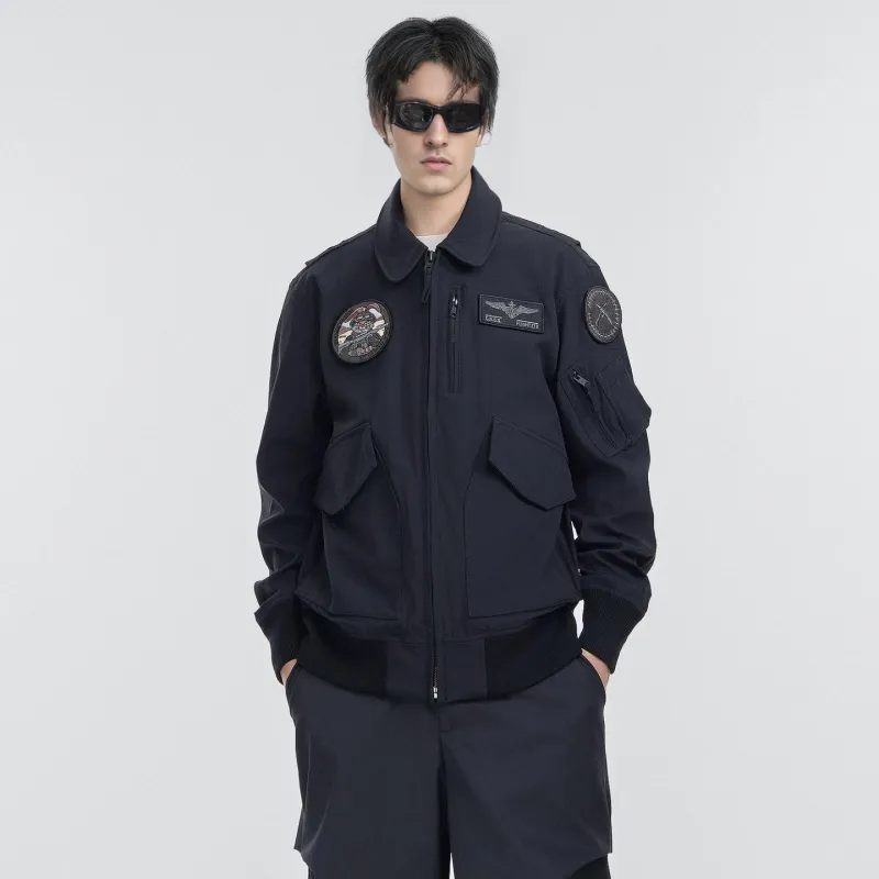 VIP Hook and Loop Embroidered Badge Workwear Lapel Coat Pilot Jacket Unisex Black-6