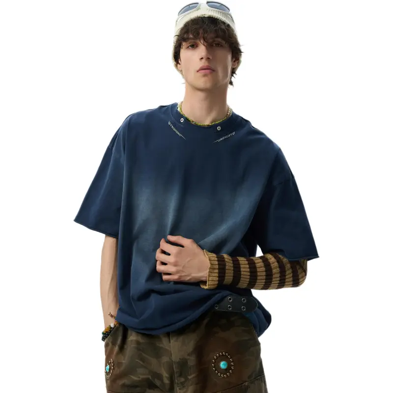 JHYQ T Shirts Unisex Spray Dye Navy Blue-2