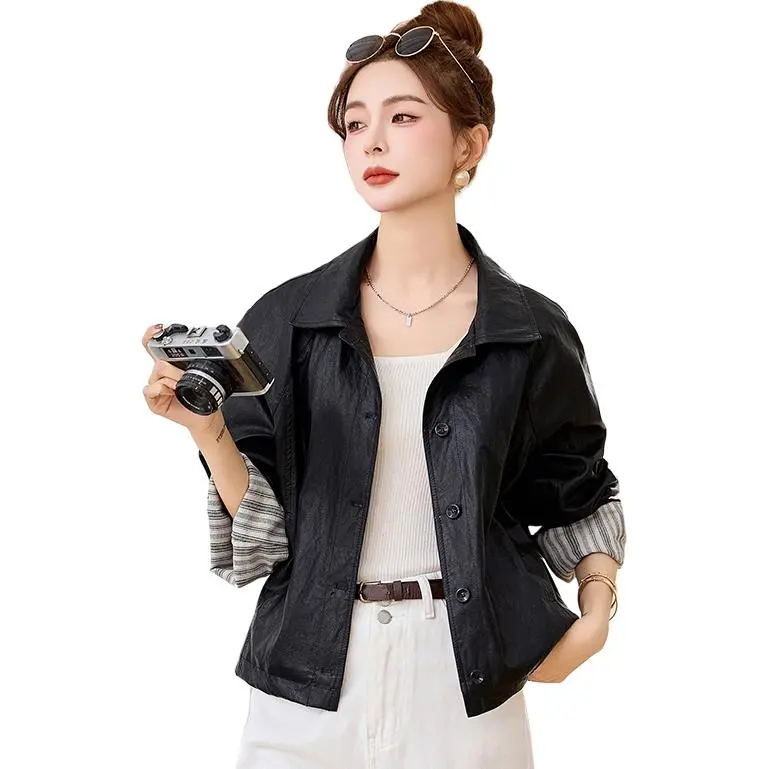 Yi Mengyuan Leather Jackets Coats Women's Black-4
