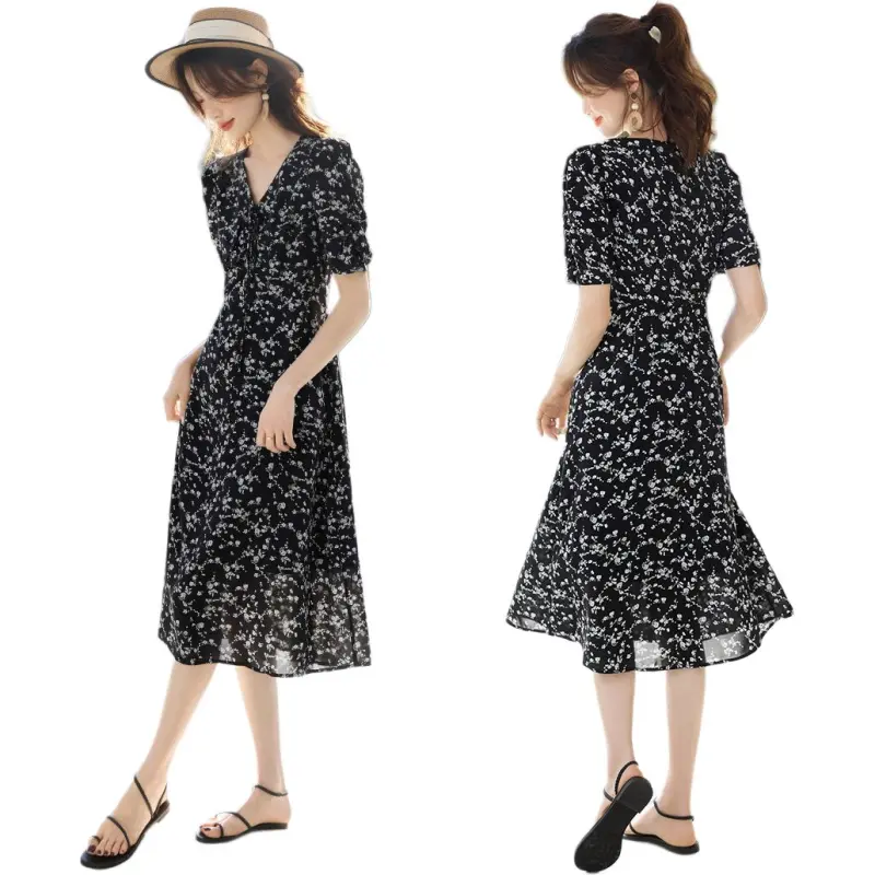 Mo Han Yi Mei Short Sleeved Dress Women's Black With White Floral-2