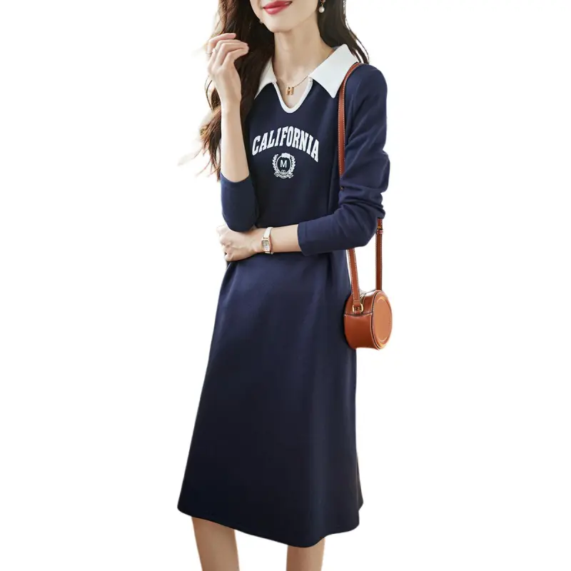 Mo Han Yi Mei Long Sleeved Dresses Women's Navy Blue-3