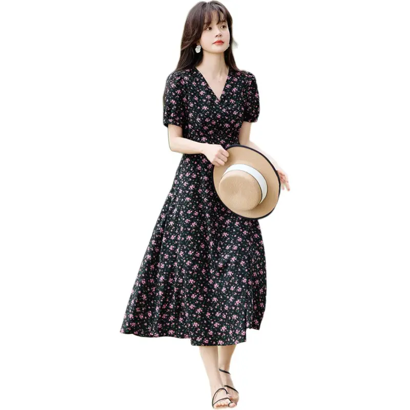 Mo Han Yi Mei Short Sleeved Dress Women's Black With Purple Floral-4