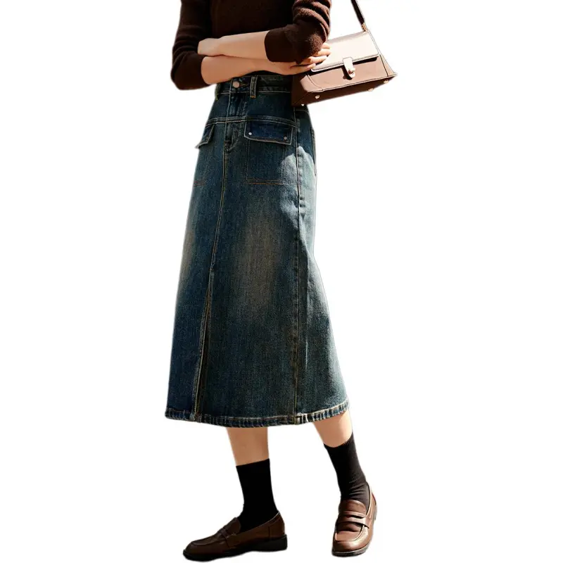 Mo Han Yi Mei Denim Long Skirts Women's Vintage Blue-3