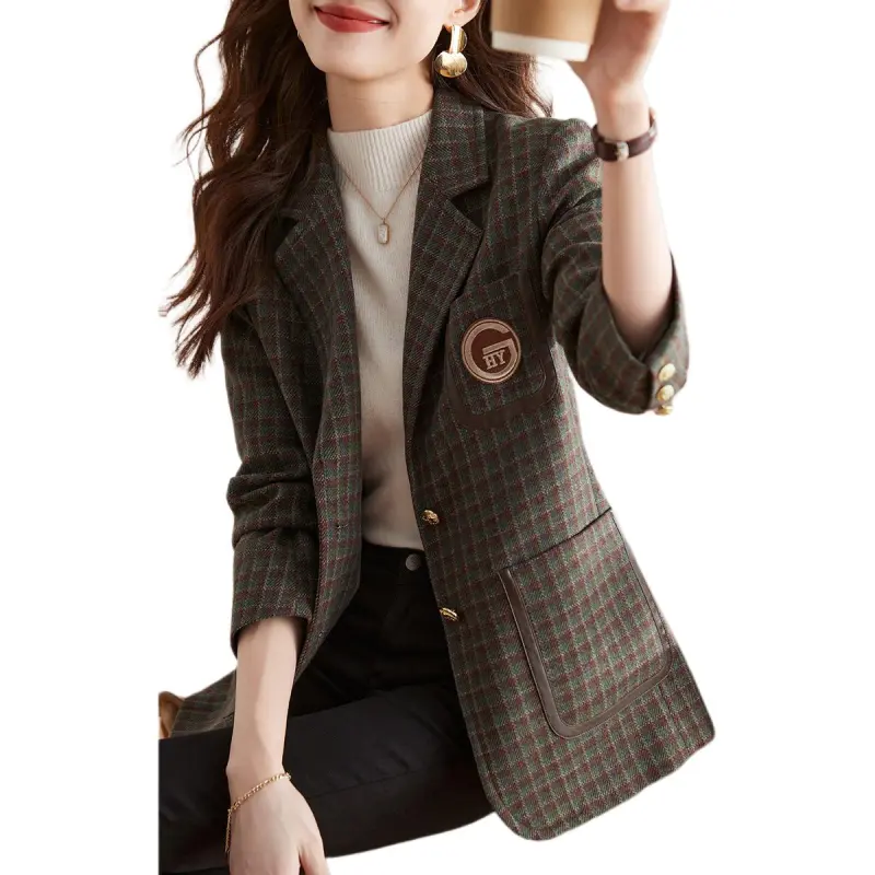 Mo Han Yi Mei Business Suit Women's Green Base Coffee Plaid-5
