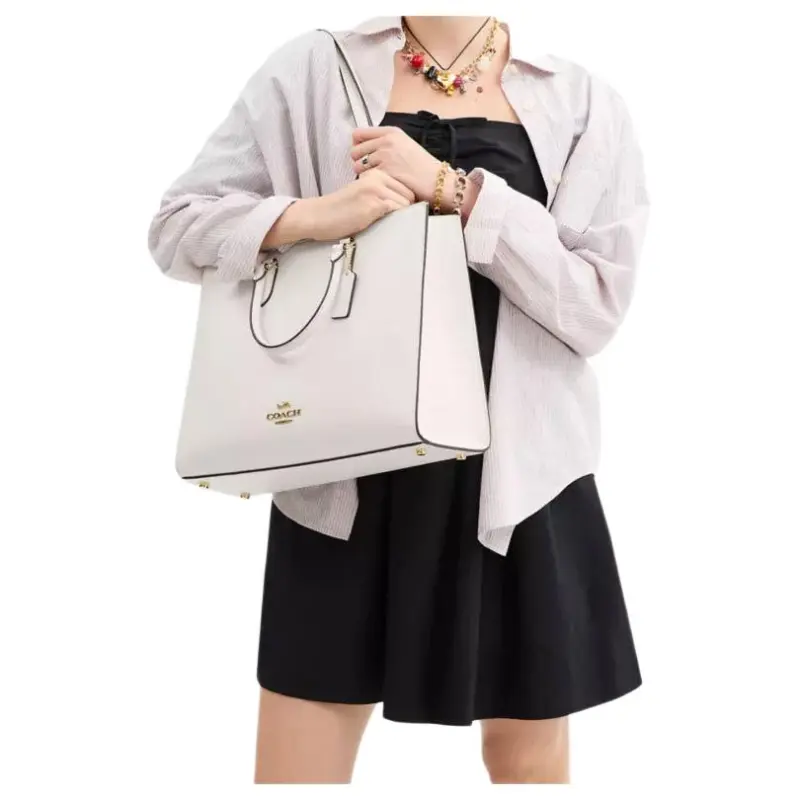 COACH Maggie Litchi Grain Leather Tote Bag, Shopping Bag, One Shoulder Handbag Tubas Women's White-3