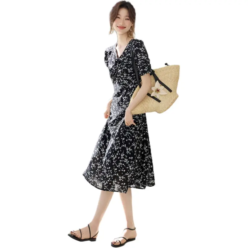 Mo Han Yi Mei Short Sleeved Dress Women's Black With White Floral-3