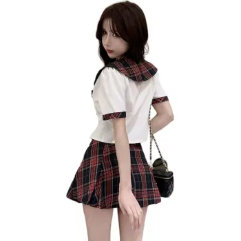 DGMZ Uniforms Women's White Shirt Bow Tie Plaid Skirt Clothing Set