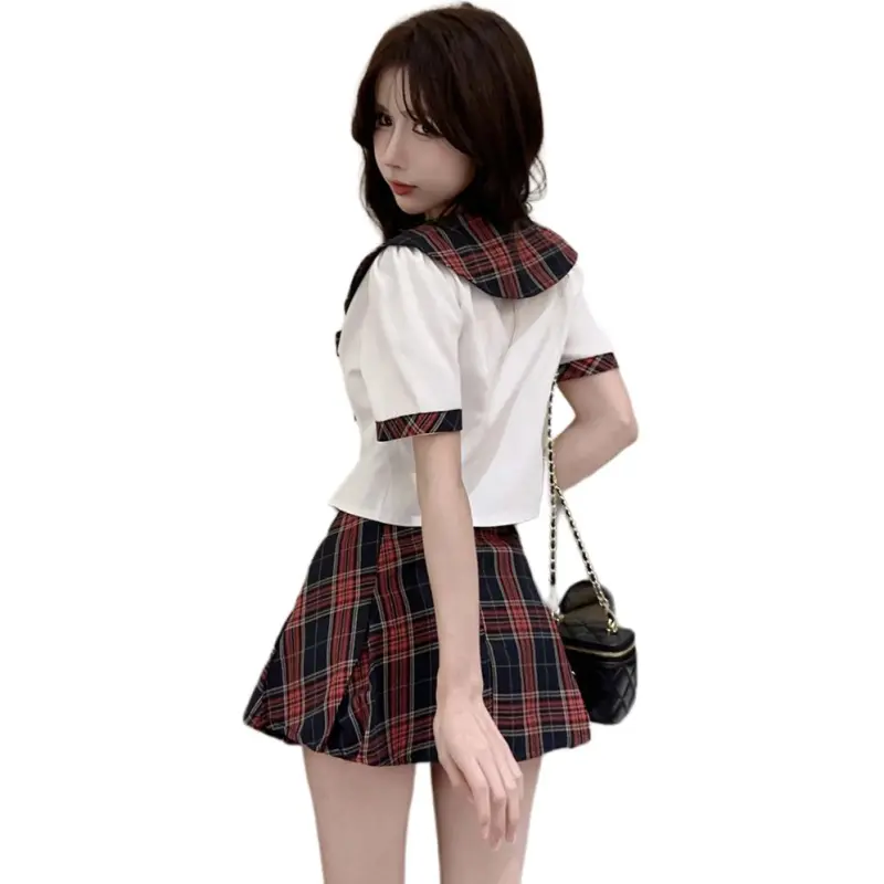 DGMZ Uniforms Women's White Shirt Bow Tie Plaid Skirt Clothing Set-0
