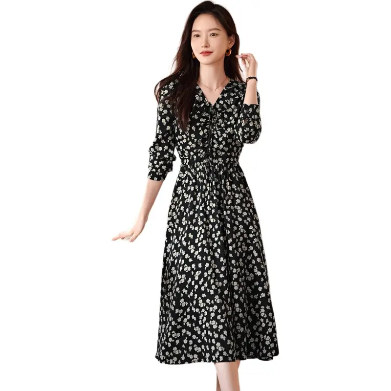 XWI Long Sleeved Dress Women's Black With Beige Floral-2