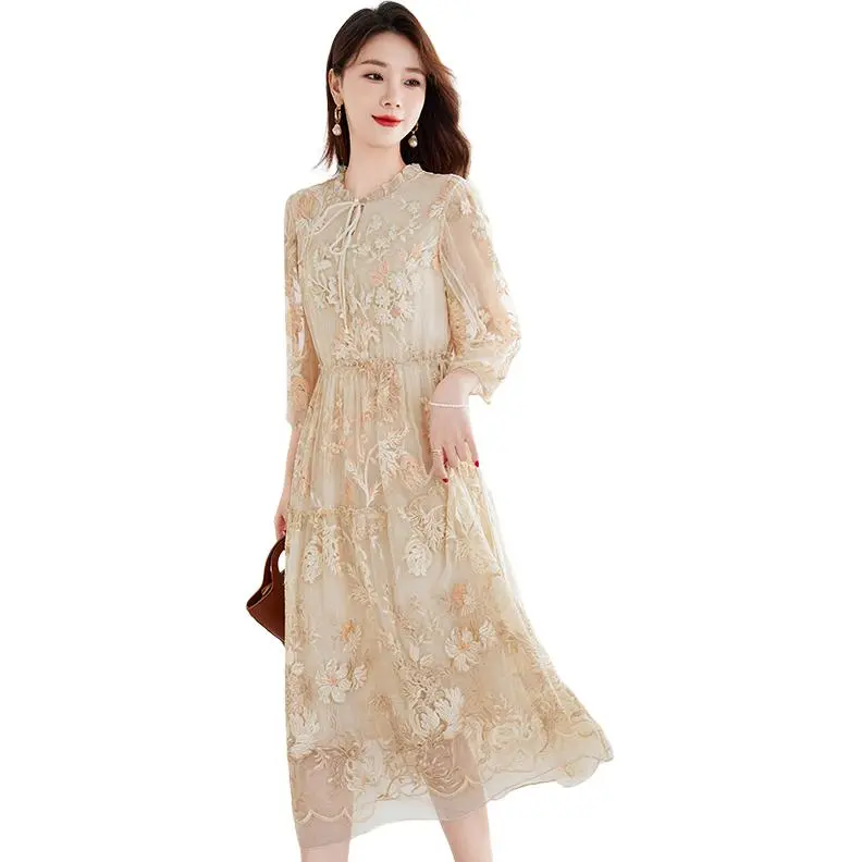 Yi Mengyuan Silk Short Sleeved Dress Women's Orange Pink-2
