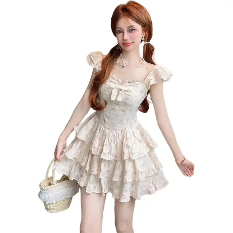 Flowers In Water Short Sleeved Dress Women's Apricot-2