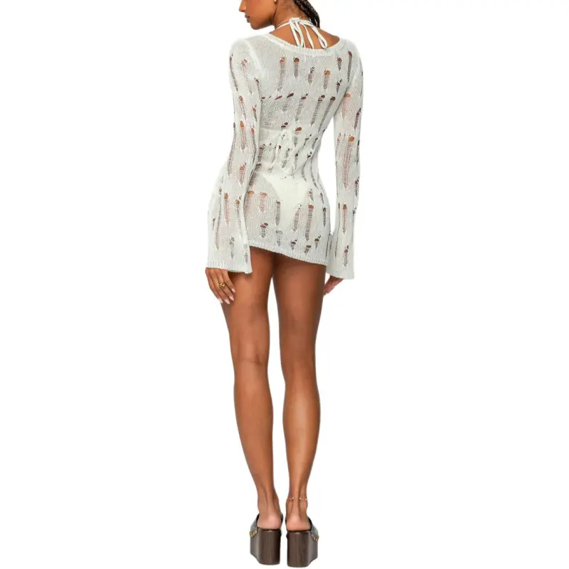 Edikted SS25 Manuela Distressed Knit Mini Dress Long Sleeved Dress Women's-3