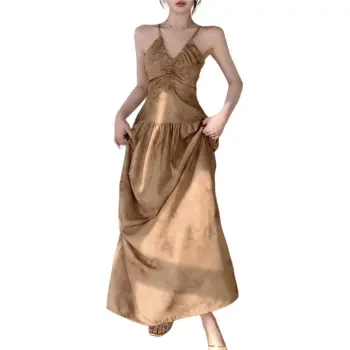 Mu Xiao Xin Slip Dress Women's Coffee Chiffon Four Way Stretch