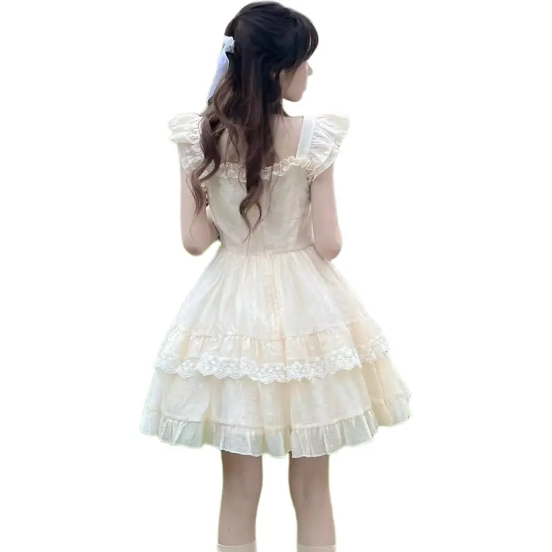 Flowers In Water Short Sleeved Dress Women's Apricot-2
