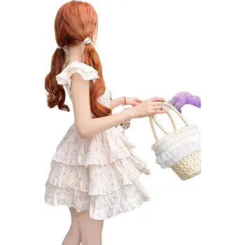 Flowers In Water Short Sleeved Dress Women's Apricot