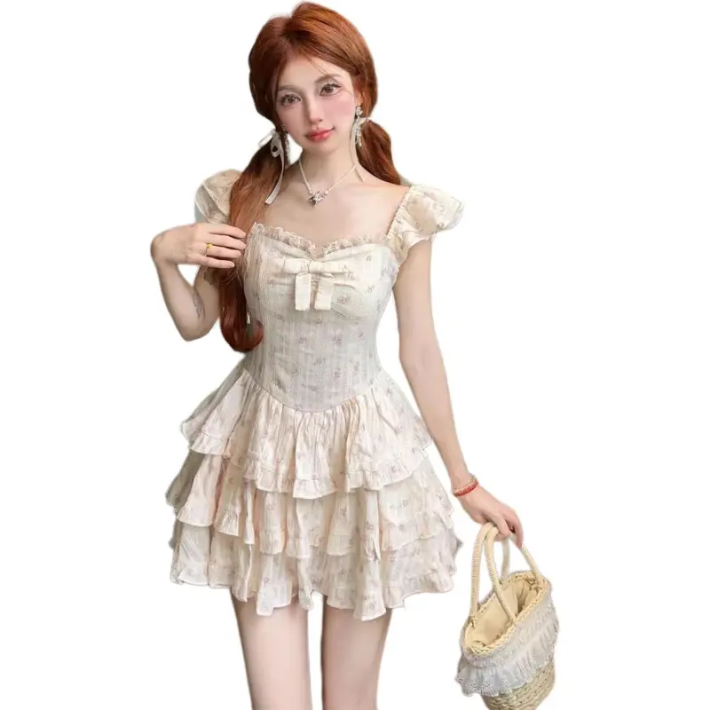 Flowers In Water Short Sleeved Dress Women's Apricot-1