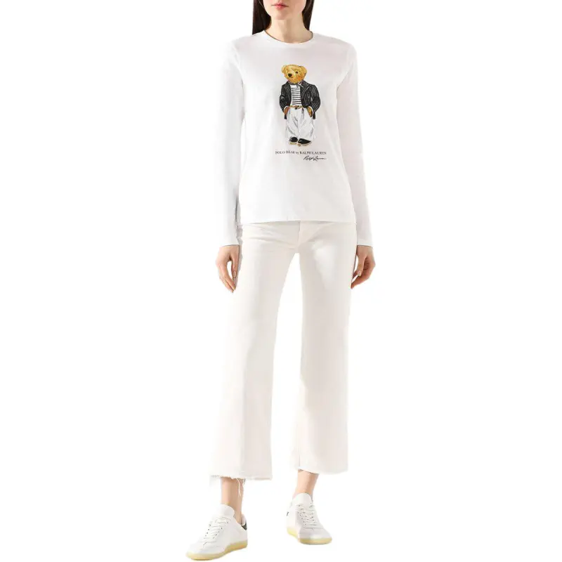 Polo Ralph Lauren Bear Pattern Crew Neck Long Sleeved T Shirt Regular T Shirt Women's White-1