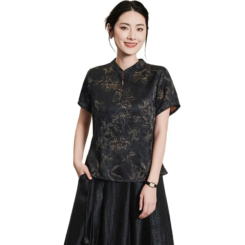 Yi Mengyuan Short Sleeved Silk Shirt Women's Black-3