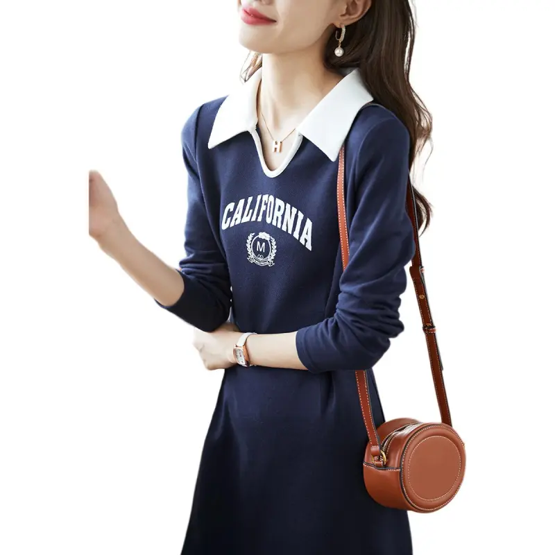 Mo Han Yi Mei Long Sleeved Dresses Women's Navy Blue-4