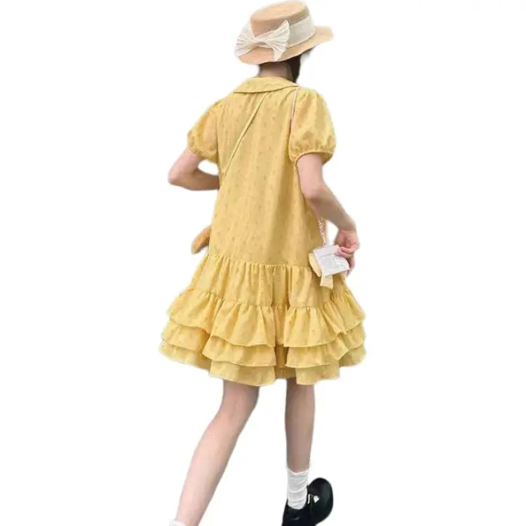 ABCMININ Short Sleeved Dress Women's Yellow-1