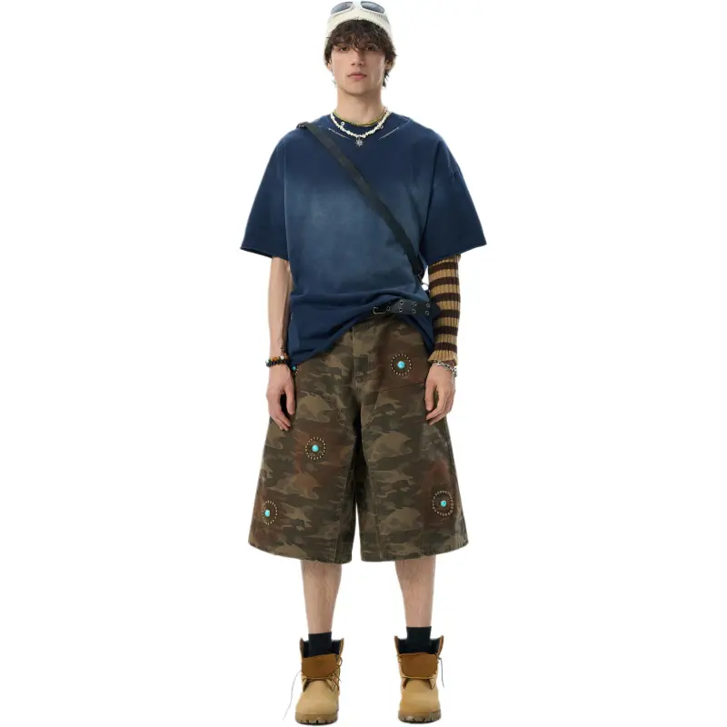 JHYQ T Shirts Unisex Spray Dye Navy Blue-3