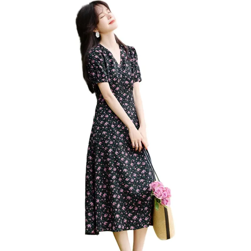 Mo Han Yi Mei Short Sleeved Dress Women's Black With Purple Floral-5