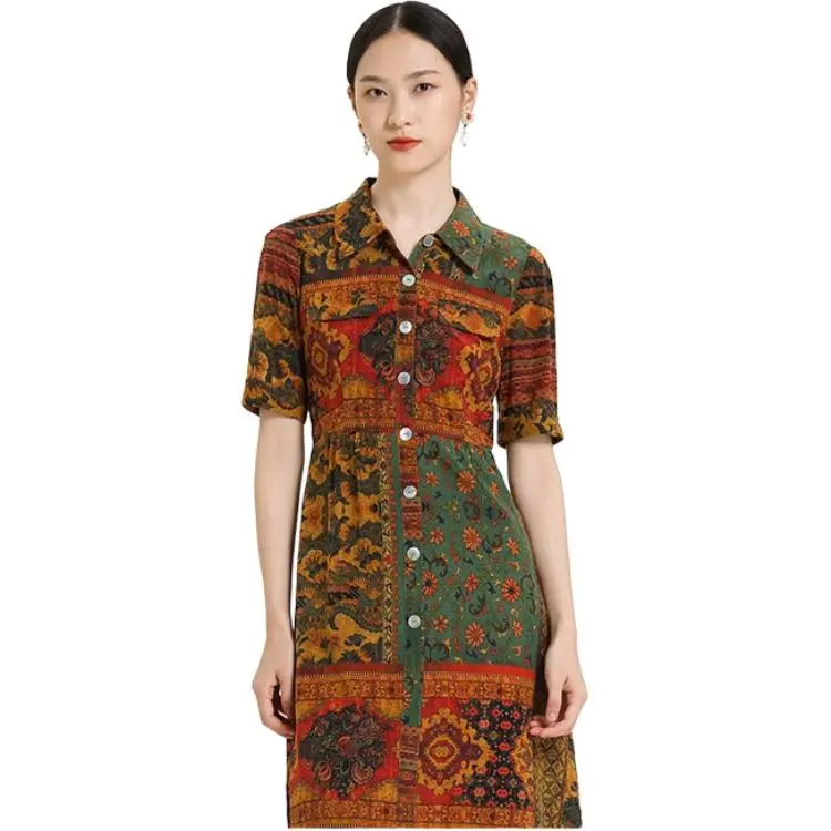 QIAOWANNI Short Sleeved Dress Women's Patchwork Oil Painting Flower-2