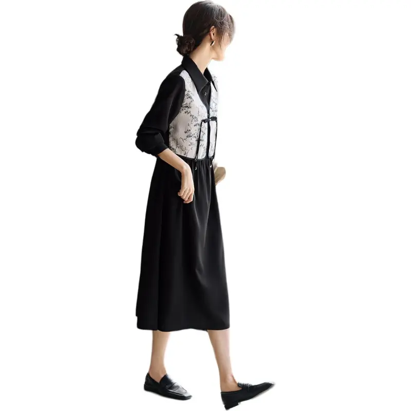 XWI Long-Sleeved Dresses Women's Beige Base With Black Floral Pattern And Black Accents-4