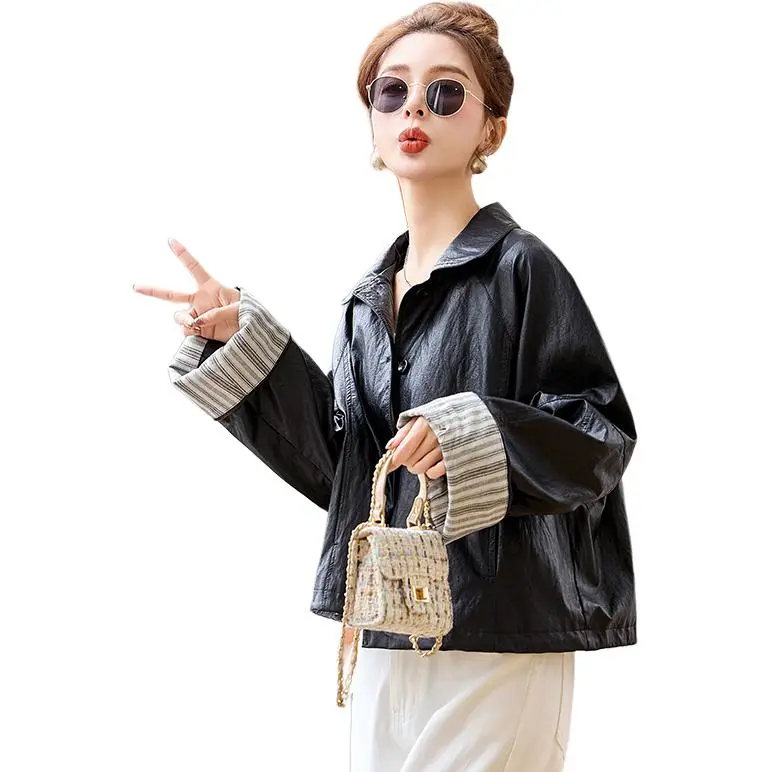 Yi Mengyuan Leather Jackets Coats Women's Black-5