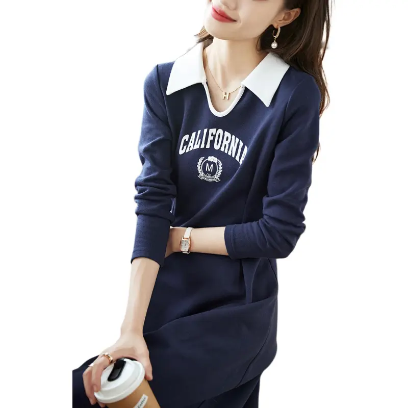 Mo Han Yi Mei Long Sleeved Dresses Women's Navy Blue-5