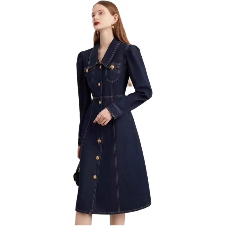 DPLAY Long Sleeved Dress Women's Denim Blue-3