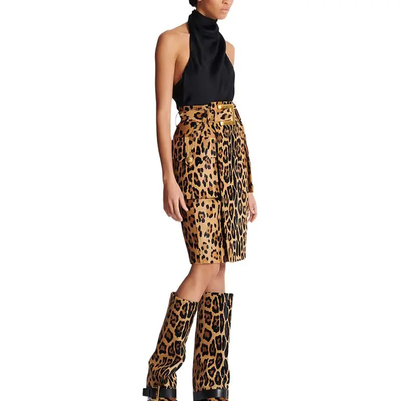 BALMAIN Leather Long Skirt Women's Brown-4