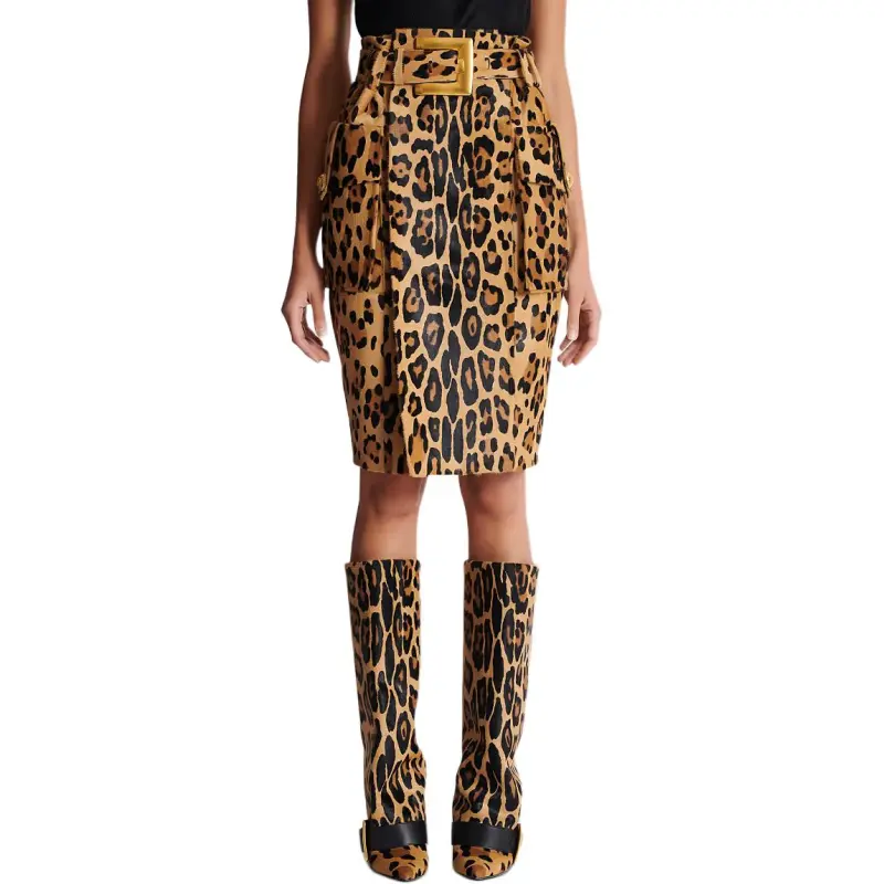 BALMAIN Leather Long Skirt Women's Brown-1