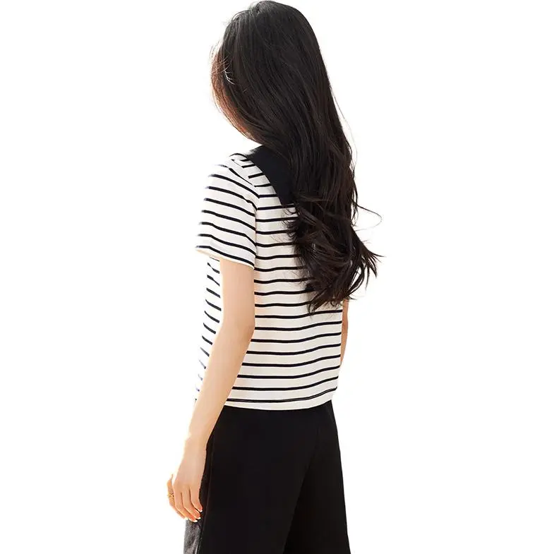La Chapelle T Shirt Women's Black White Stripes-3