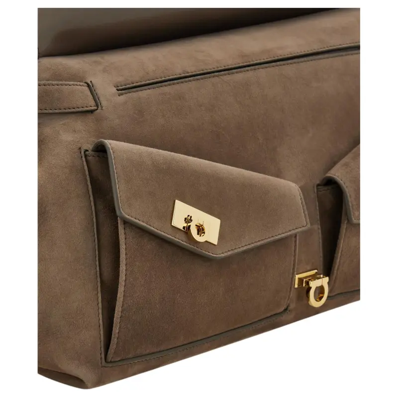 FERRAGAMO Hug Cow Leather Shoulder Bag Large Size Women's Light Gray-5