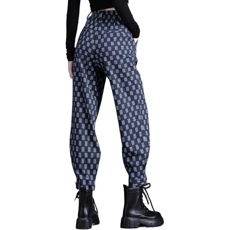 You Cow Me Pants Casual Pants Women's Blue Checkerboard-7